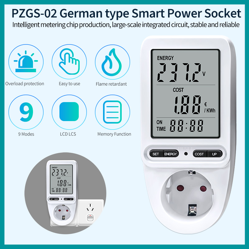 Peacefair 220V EU Power Metering Socket Plug Large LCD Charging Digital Wattmete Power Monitor Smart Energy Meters